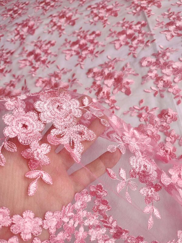 Pink floral embroidered lace fabric #20676 - Image 3