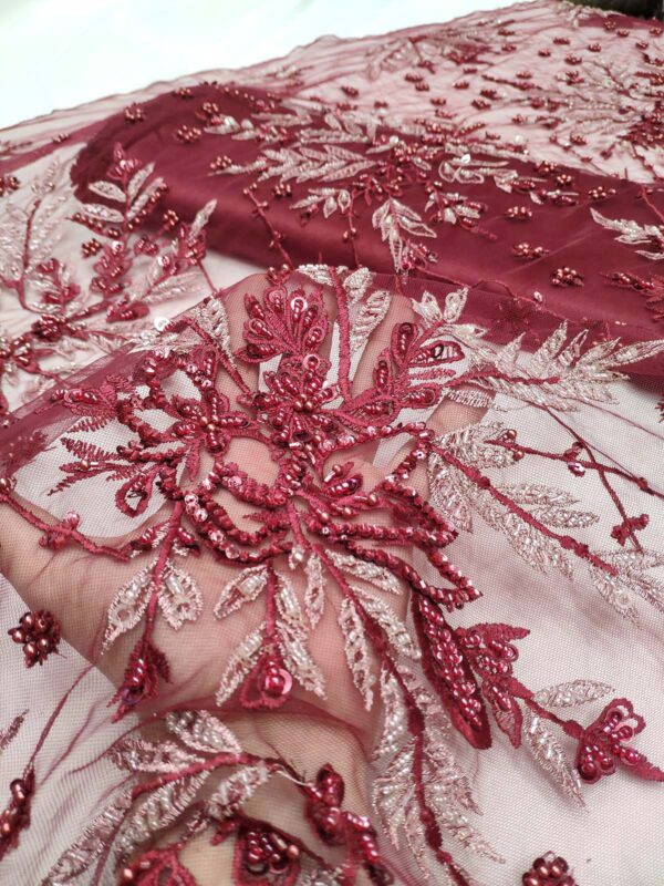 Burgundy net floral fabric #99426 - Image 3