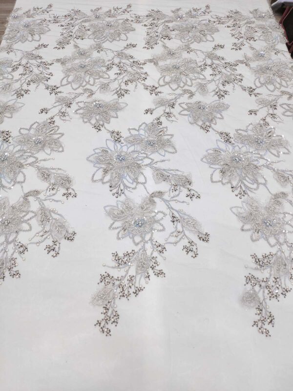 Grey and light blue 3D floral elegant lace fabric #99472 - Image 7