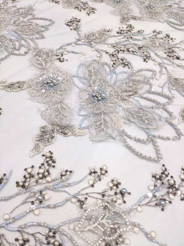 Grey and light blue 3D floral elegant lace fabric #99472 - Image 6