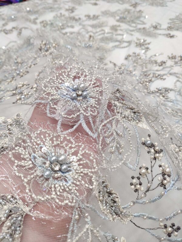 Grey and light blue 3D floral elegant lace fabric #99472 - Image 5