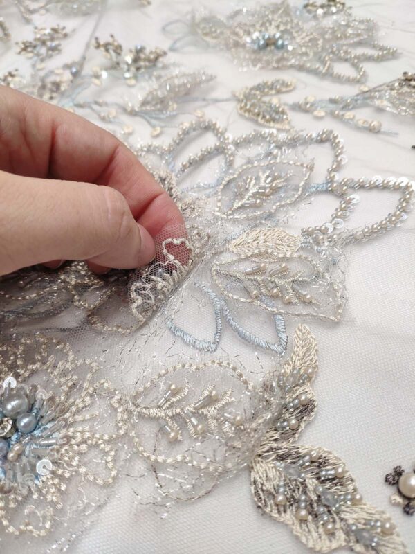 Grey and light blue 3D floral elegant lace fabric #99472 - Image 4