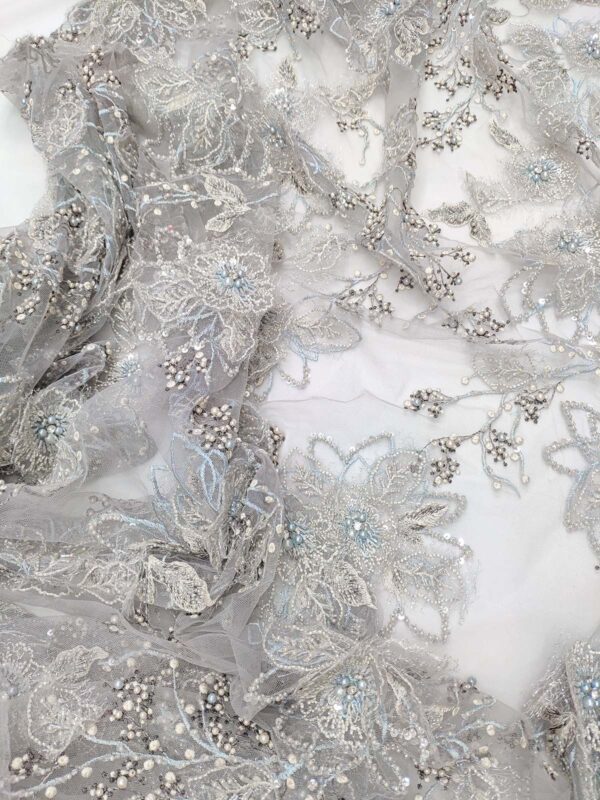 Grey and light blue 3D floral elegant lace fabric #99472 - Image 3