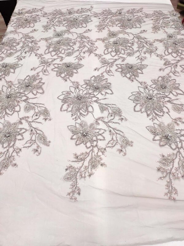 Grey and dusty pink 3D floral elegant lace fabric #99486 - Image 8