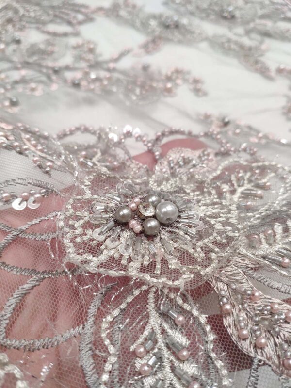 Grey and dusty pink 3D floral elegant lace fabric #99486 - Image 6