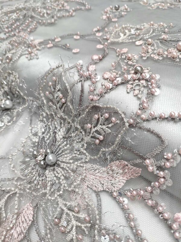 Grey and dusty pink 3D floral elegant lace fabric #99486 - Image 4