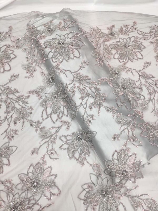 Grey and dusty pink 3D floral elegant lace fabric #99486 - Image 3