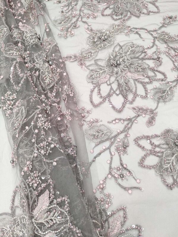 Grey and dusty pink 3D floral elegant lace fabric #99486 - Image 2