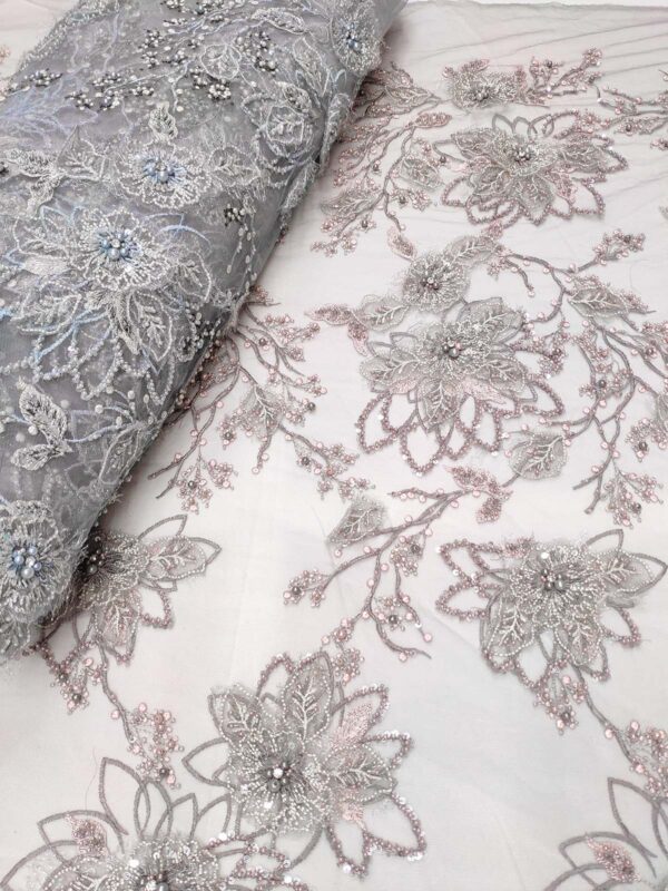 Grey and dusty pink 3D floral elegant lace fabric #99486 - Image 10