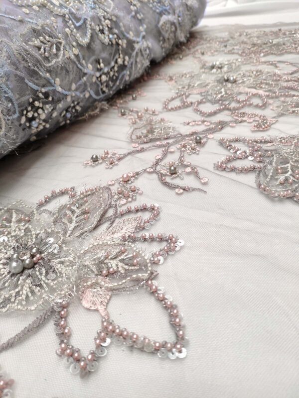 Grey and dusty pink 3D floral elegant lace fabric #99486 - Image 9