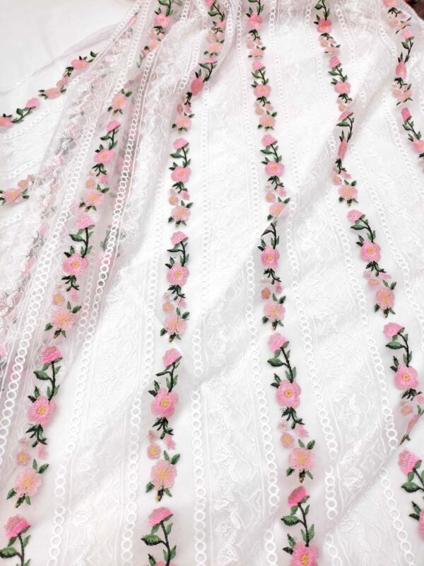 White and Pink net floral fabric #99480 - Image 4