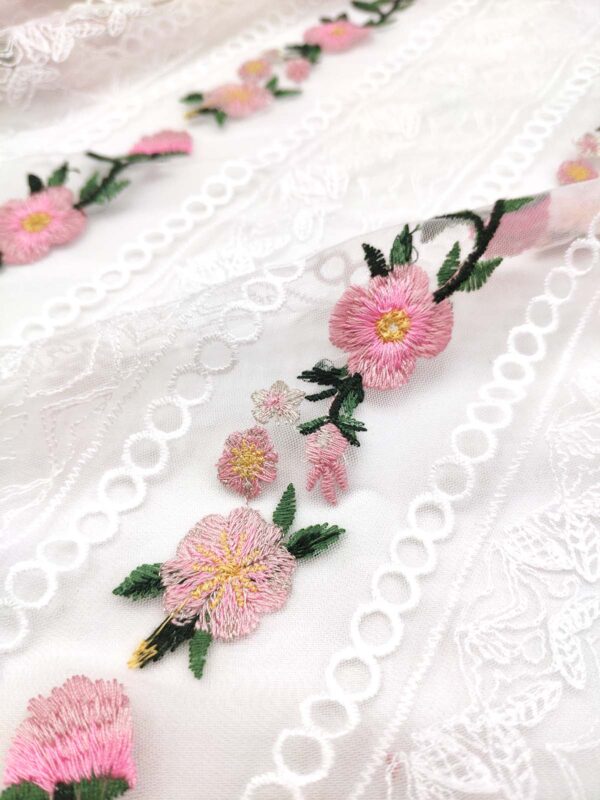 White and Pink net floral fabric #99480 - Image 3