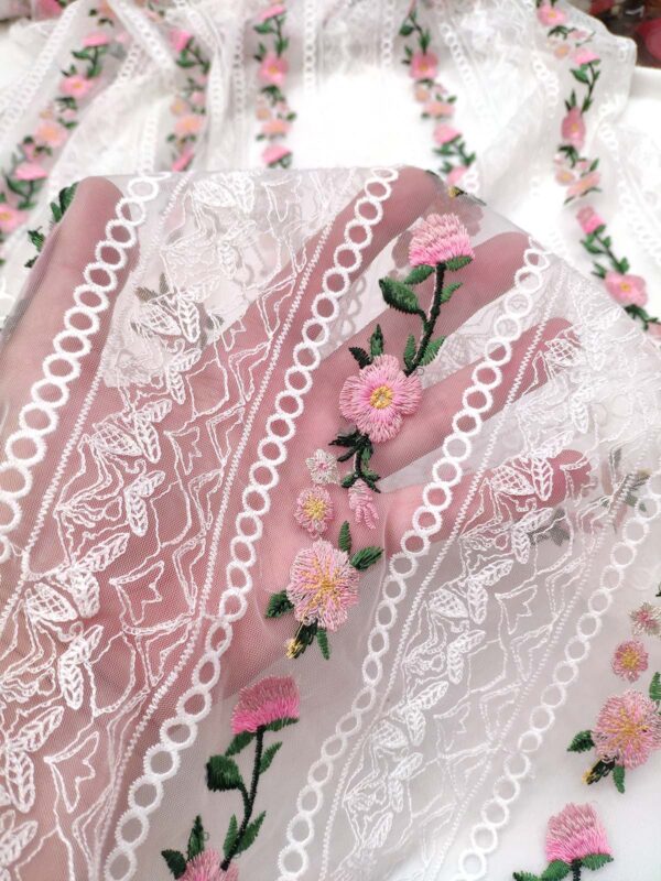 White and Pink net floral fabric #99480 - Image 2