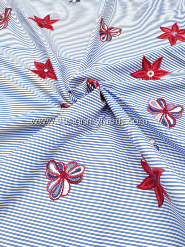 Blue striped cotton twill embroidered with flowers #91425 - Image 3