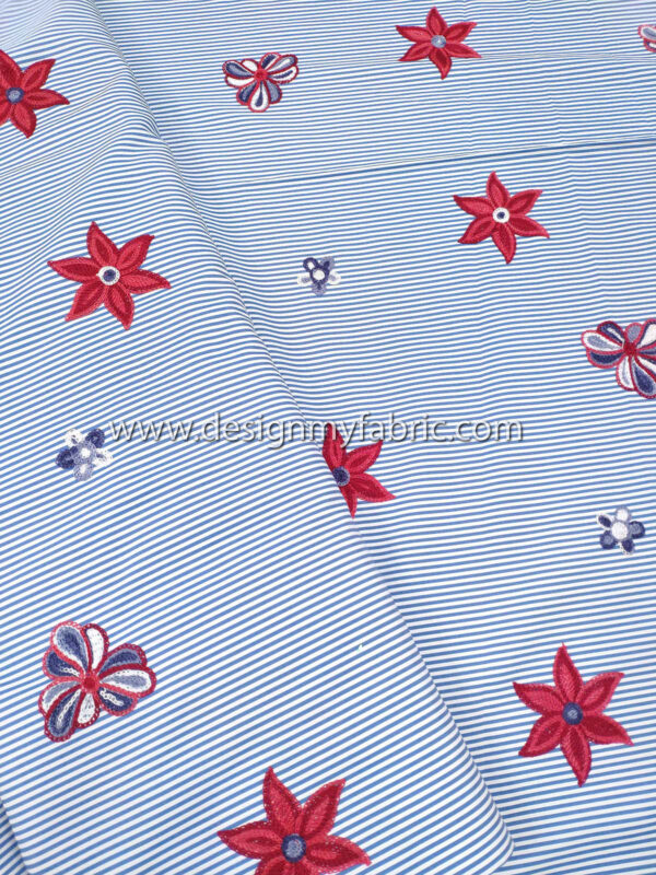 Blue striped cotton twill embroidered with flowers #91425