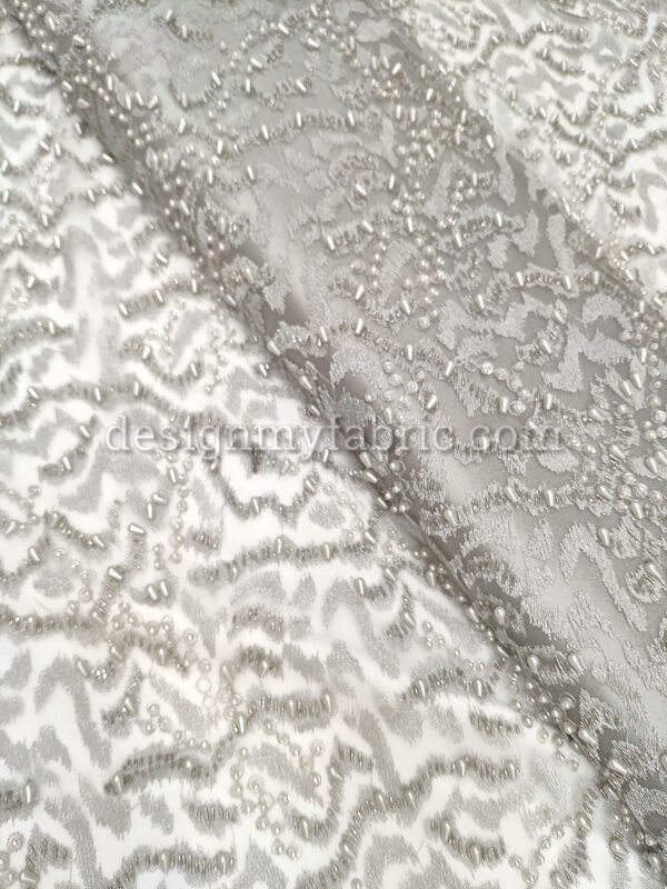 Grey net abstract beaded fabric #99055