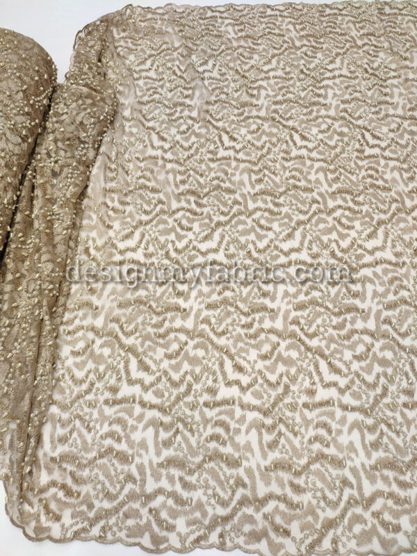 Beige net abstract beaded fabric #99054 - Image 6