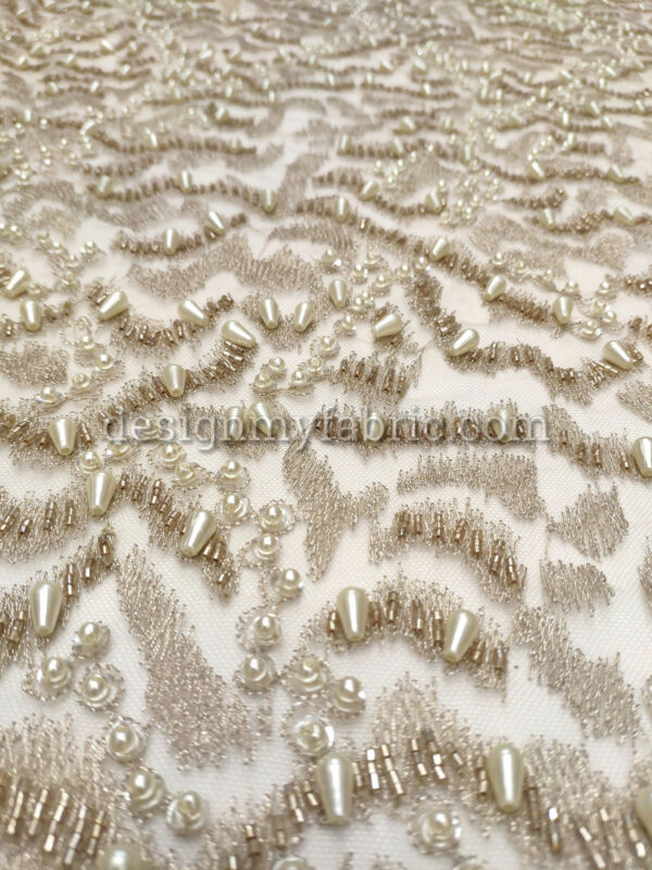 Beige net abstract beaded fabric #99054 - Image 2