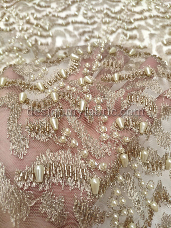 Beige net abstract beaded fabric #99054 - Image 3