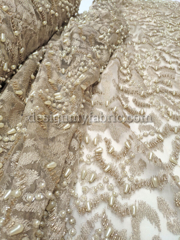 Beige net abstract beaded fabric #99054 - Image 5