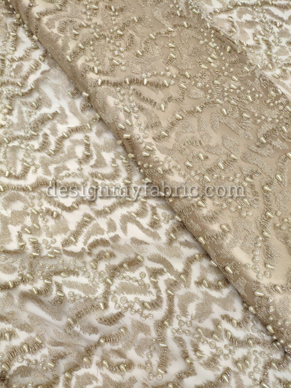 Beige net abstract beaded fabric #99054