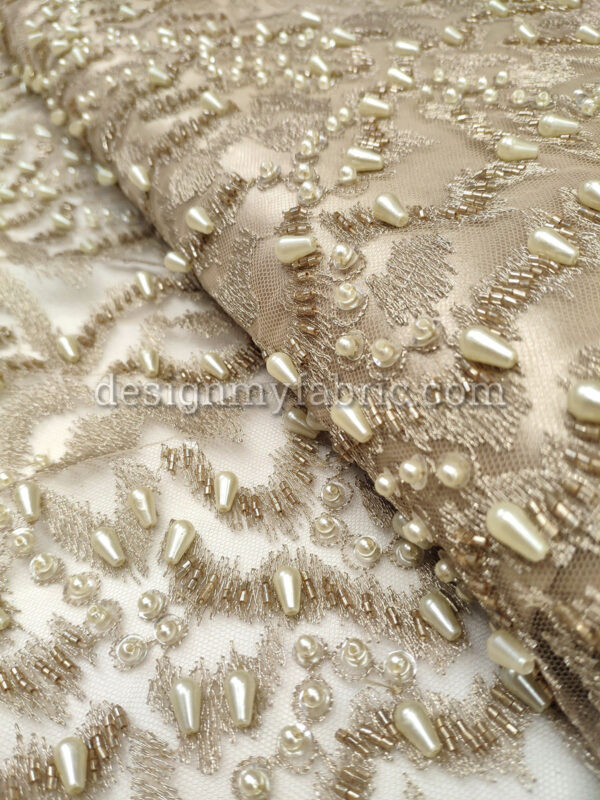 Beige net abstract beaded fabric #99054 - Image 4