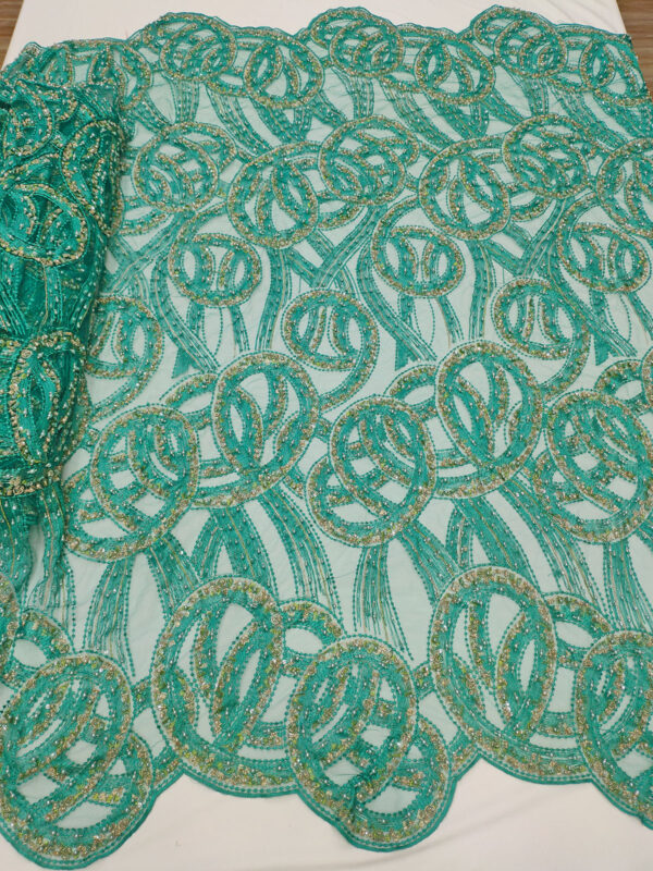 Turquoise Green beaded net fabric #50072 - Image 3