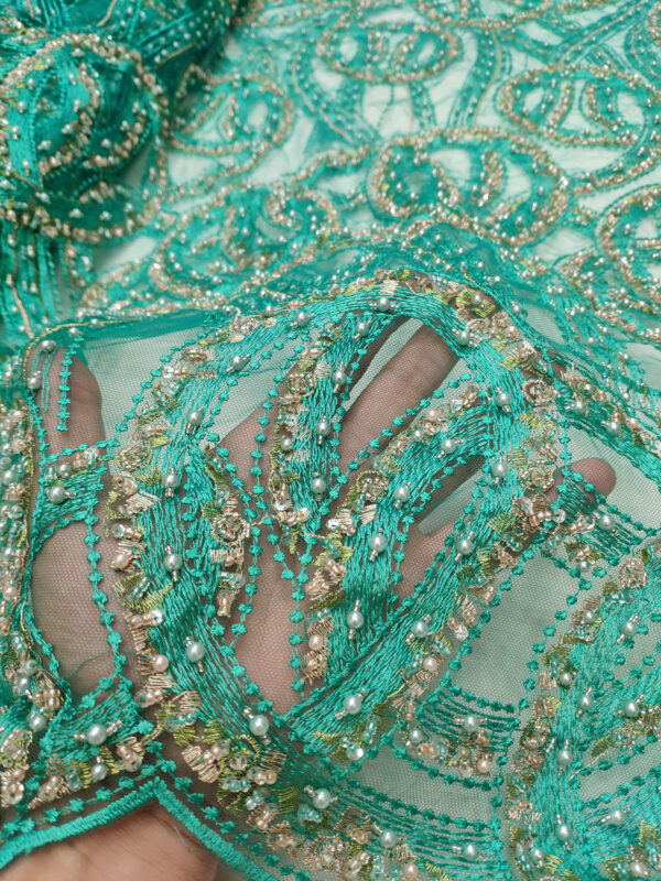 Turquoise Green beaded net fabric #50072 - Image 2