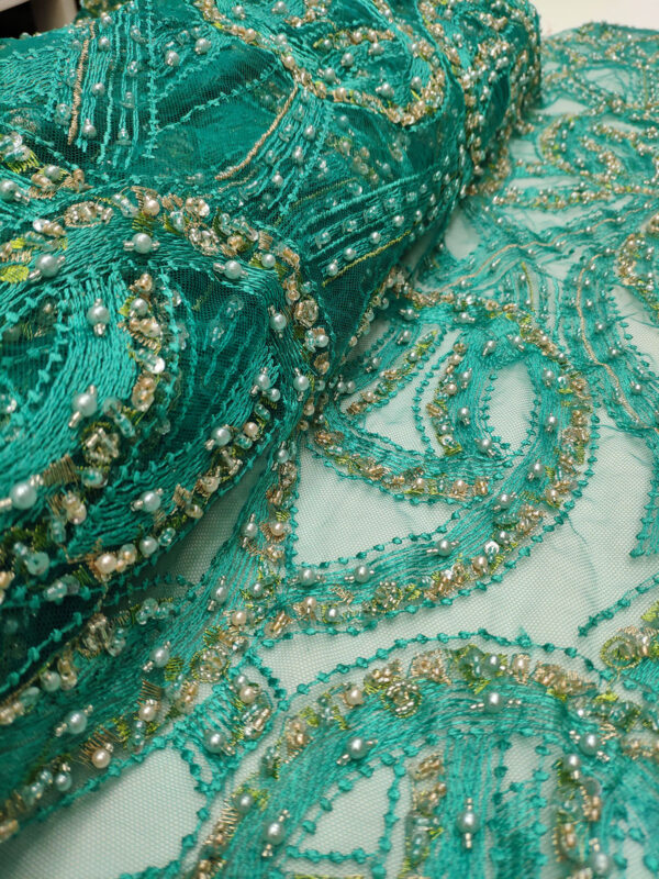 Turquoise Green beaded net fabric #50072 - Image 4