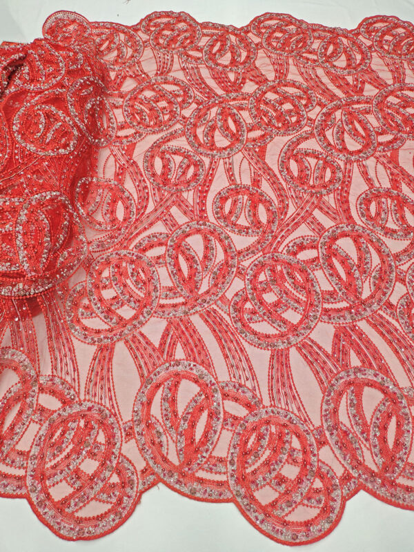 Red beaded net fabric #50071 - Image 4