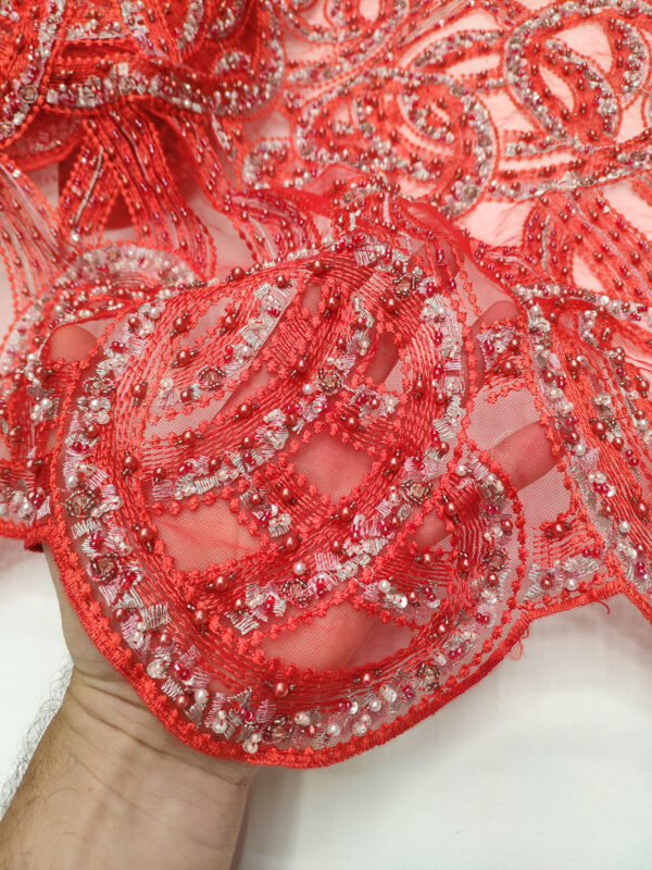 Red beaded net fabric #50071 - Image 3