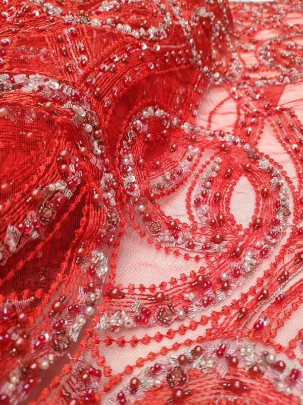 Red beaded net fabric #50071 - Image 2