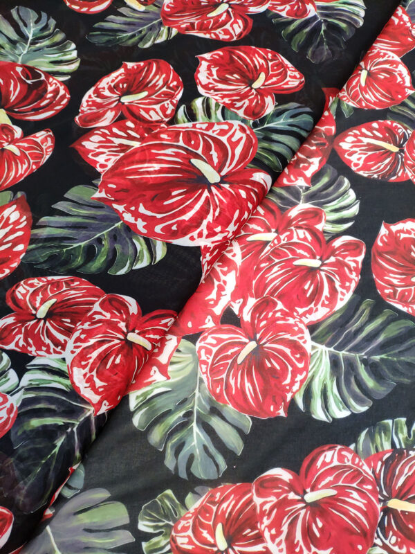 Black and Red leaf chiffon fabric #50026 - Image 3