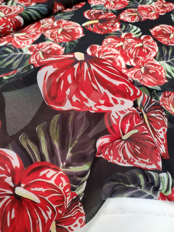 Black and Red leaf chiffon fabric #50026 - Image 2