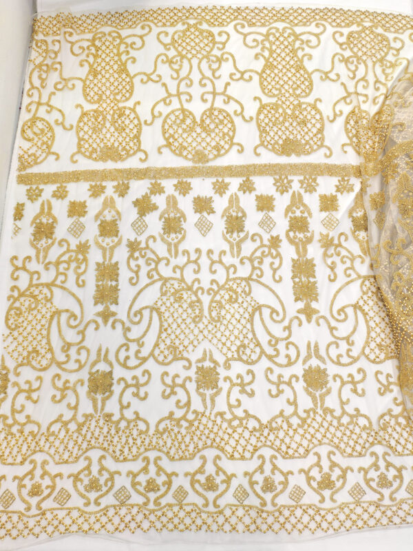 Gold handmade beaded lace fabric - Image 9