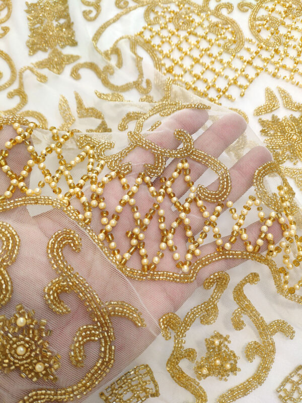 Gold handmade beaded lace fabric - Image 3