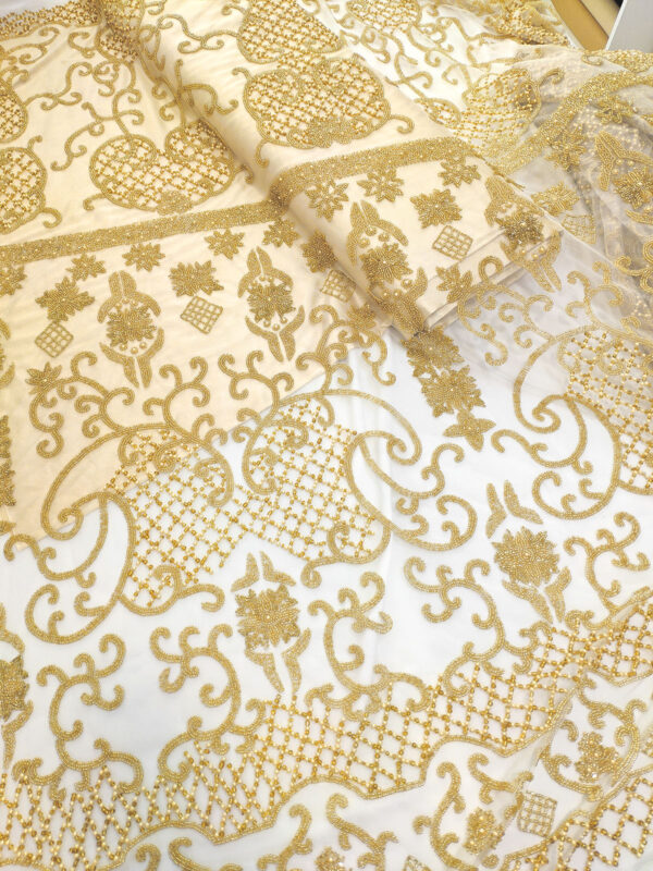 Gold handmade beaded lace fabric - Image 6