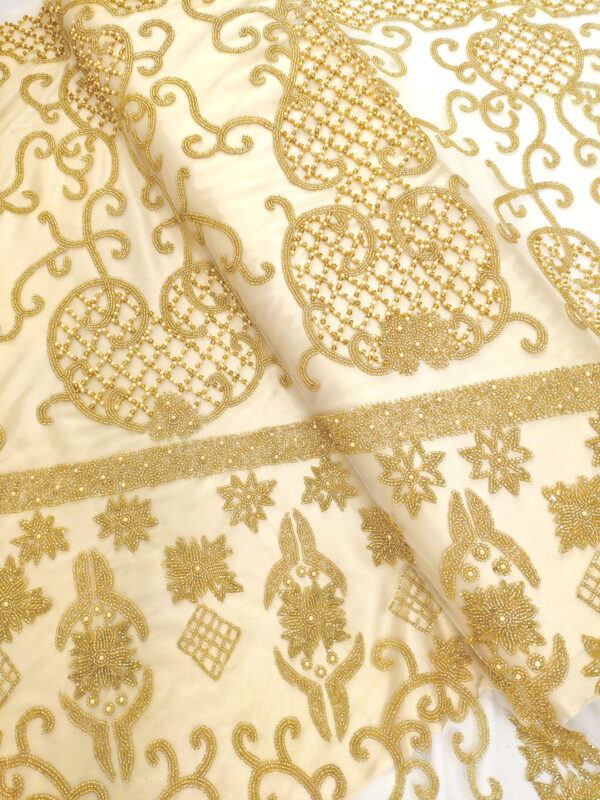 Gold handmade beaded lace fabric - Image 4