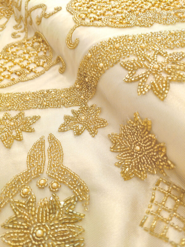 Gold handmade beaded lace fabric - Image 7