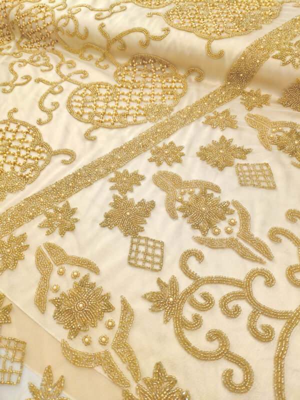 Gold handmade beaded lace fabric