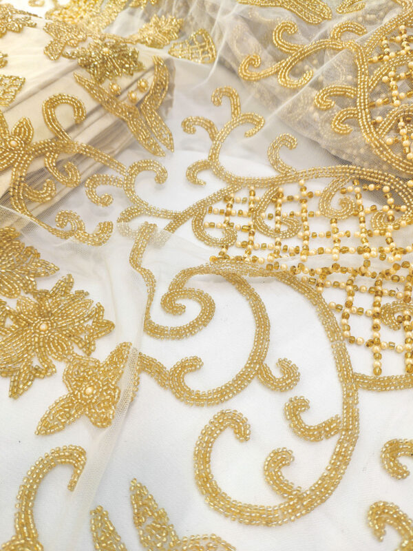 Gold handmade beaded lace fabric - Image 8