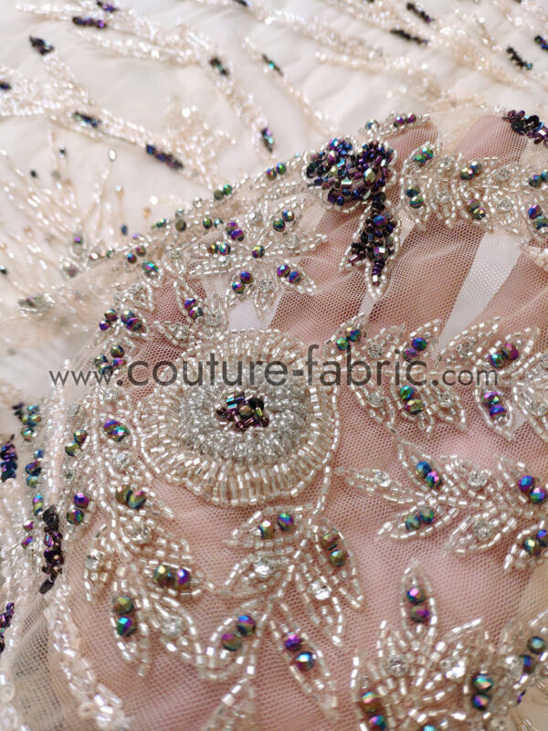 Pastel floral lace embroidered with sequins, beads and crystals - Image 6