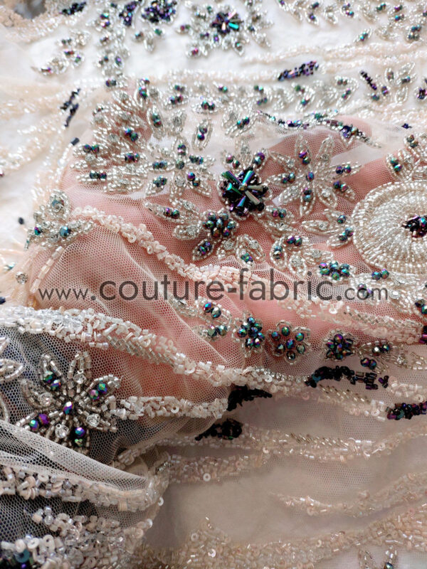 Pastel floral lace embroidered with sequins, beads and crystals - Image 14