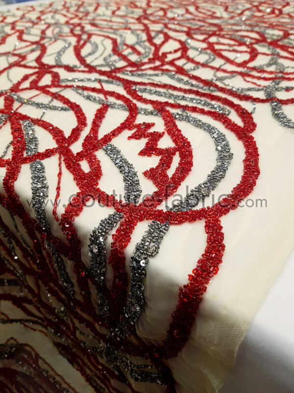 Red and gunmetal handmade lace fabric - Image 10