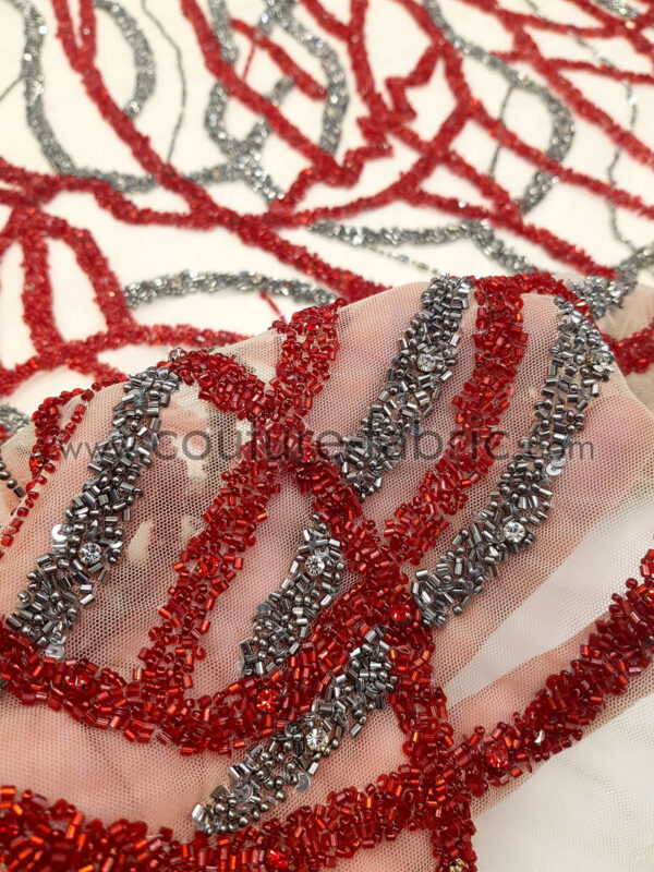 Red and gunmetal handmade lace fabric - Image 9