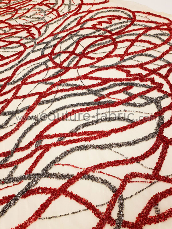 Red and gunmetal handmade lace fabric - Image 7