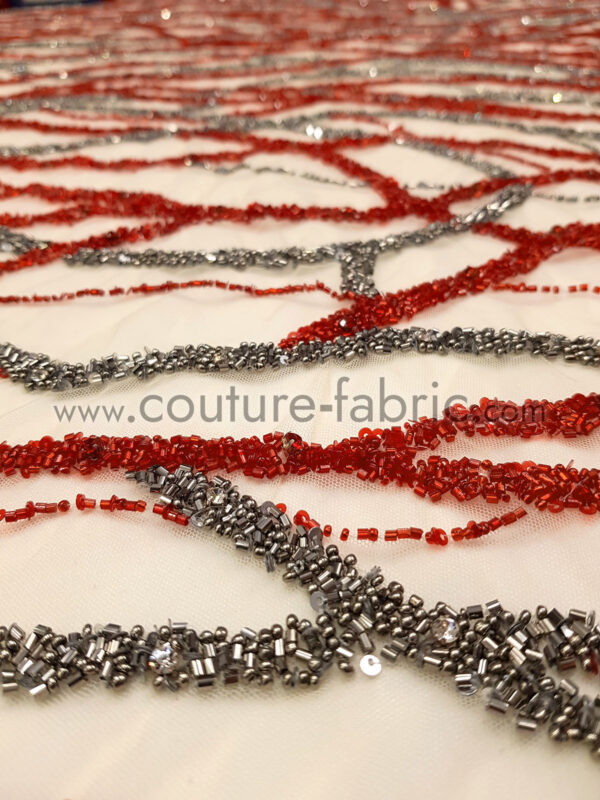 Red and gunmetal handmade lace fabric - Image 8