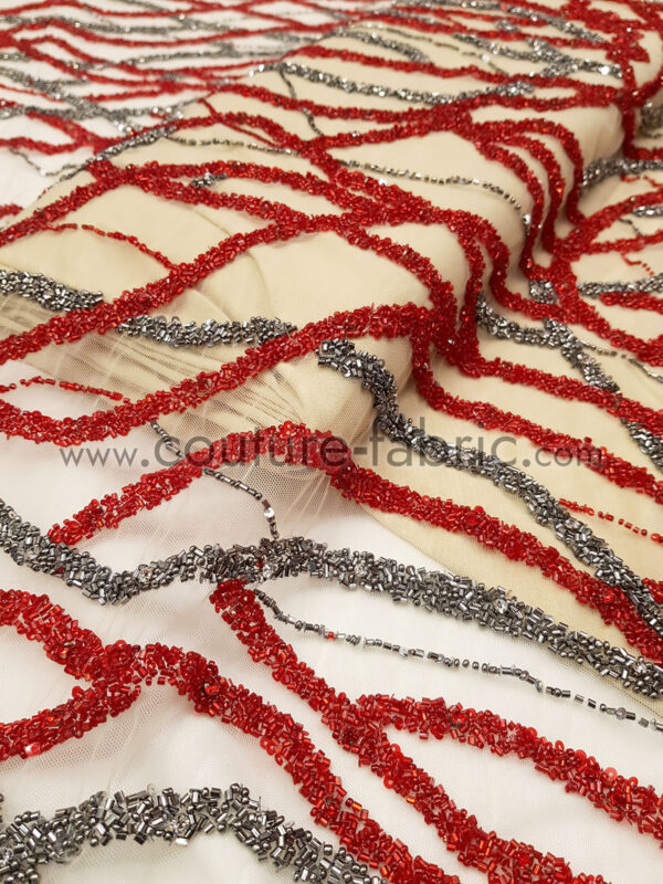 Red and gunmetal handmade lace fabric - Image 6