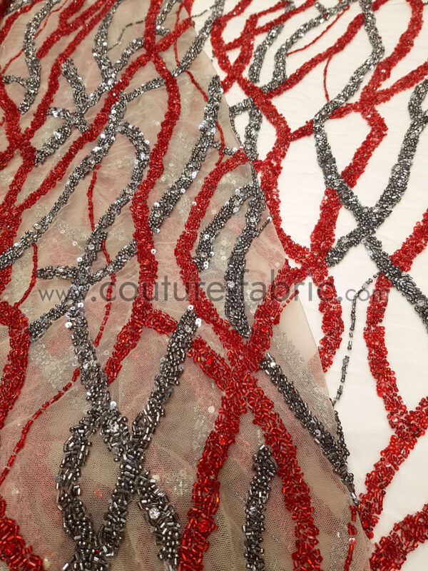 Red and gunmetal handmade lace fabric - Image 5