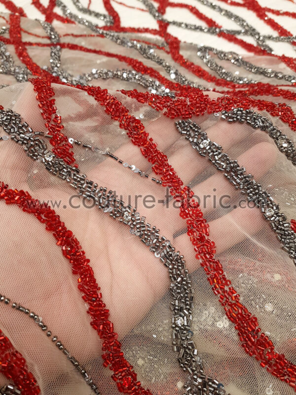 Red and gunmetal handmade lace fabric - Image 4